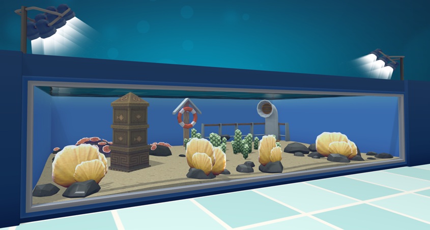 Vooraanzicht van een Muur-Aquarium met vier Vuursteenkoralen. De Koralen zijn schelpachtig qua vorm en ze hebben een gele kleur, met witte randen. In het Aquarium liggen een Azteekse Zuil, een Reddingsboei, een Schipsreling en diverse Rotsen en Planten ter versiering.