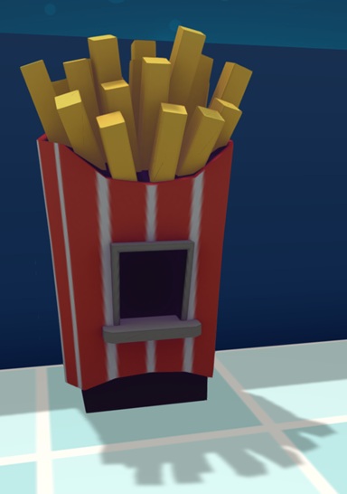 Vooraanzicht van een Fries Machine. Het is een apparaat in de vorm van een gigantisch gevuld Fast Food-frietzakje: een rood zakje met witte verticale strepen.