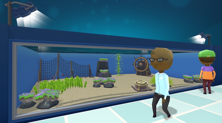 Een Bezoeker wandelt voorbij een Muur-Aquarium naar links, terwijl een andere Bezoeker de Waterbak van rechts bekijkt. Het Aquarium bevat vier Hammer Coral-kolonies (één ervan zit op een Medium Backdrop). De Koralen hebben een typische T-vorm. In het Aquarium staat een Visnet; een Kompas en Scheepsstuur liggen aan de rechterkant. Diverse Planten en Rotsen versieren de Waterbak.