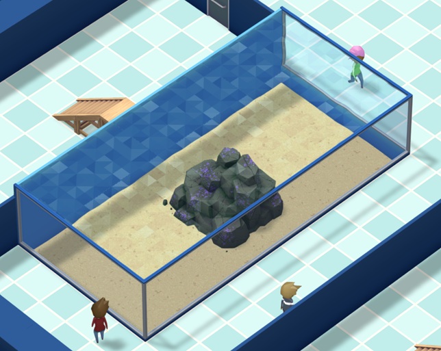 Vogelperspectief van een Vista-Aquarium met een Large Centerpiece erin: een Stenen 'piramide' in het midden van de Waterbak, met een donkere steenkleur en diverse paarse stipjes. Een viertal Bezoekers wandelt langs het Aquarium.