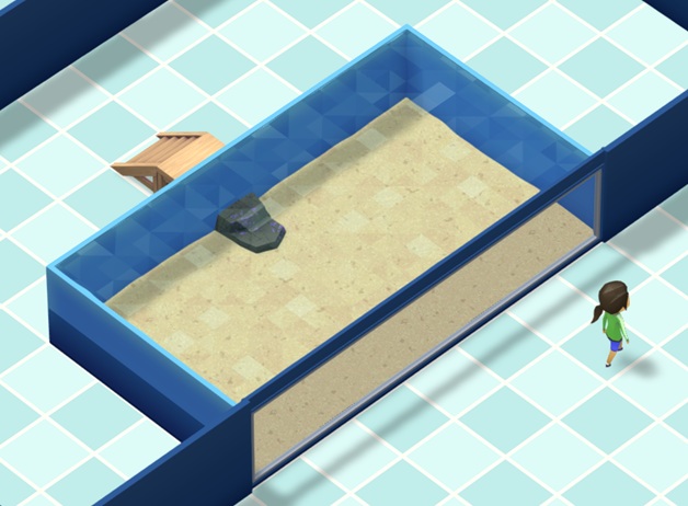 Vogelperspectief van een Muur-Aquarium met een Small Backdrop erin: een kleine afgeronde Rotspartij tegen de achterwand van de Waterbak, met een donkere steenkleur en diverse paarse stipjes. Rechts wandelt een Bezoeker voorbij.