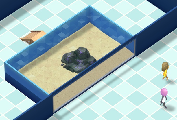 Vogelperspectief van een Muur-Aquarium met een Small Centerpiece erin: een kleine, Stenen 'piramide' in het midden van de Waterbak, met een donkere steenkleur en diverse paarse stipjes. Rechtsonder lopen twee Bezoekers.