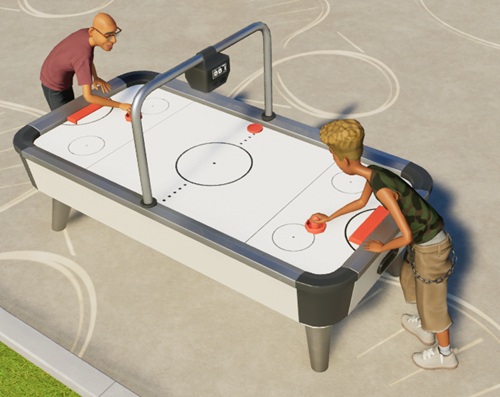Twee Airhockey-spelers proberen een rode puck in het doel van de tegenstander te krijgen.