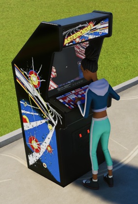 Een Dame speelt een spelletje 'Asteroids' op een Automaat die bovenaan de speltitel draagt. Op de zijkanten staat een tekening van ontploffende asteroïden.