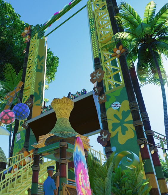 Kikkerperspectief van een 'Monsoon Chute', gedecoreerd in Resort-stijl met bloemvormige decoraties op de Attractie. Linksonderaan is de Attractiemedewerker gedeeltelijk zichtbaar.