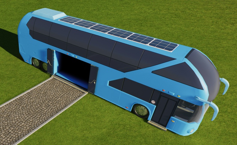 De open deuren aan de zijkant van een blauwe dubbeldekkersbus vormen een Bezoekersingang. De 'bus' heeft achteraan geen twee, maar vier wielen.