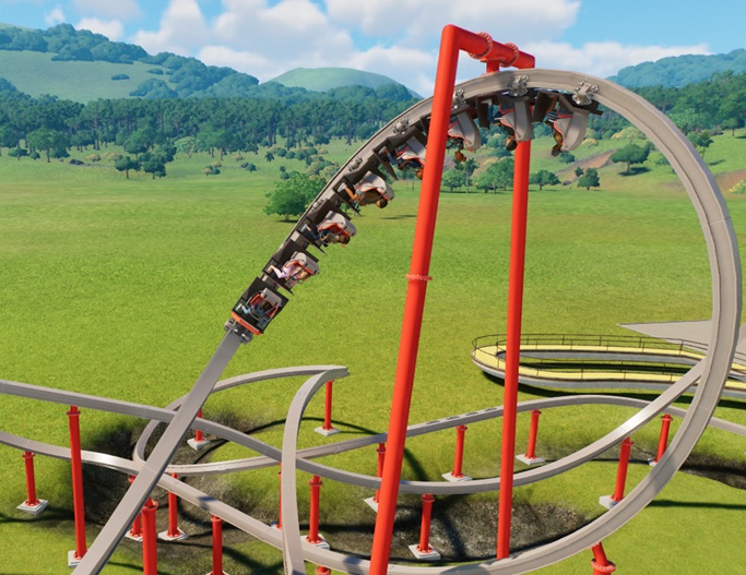 De Buzzard-trein met acht wagentjes verlaat een Sidewinder-inversie. De baan bestaat uit één enkel spoor en is grijs, met rode steunpilaren. De trein is grijs, met oranje accenten.