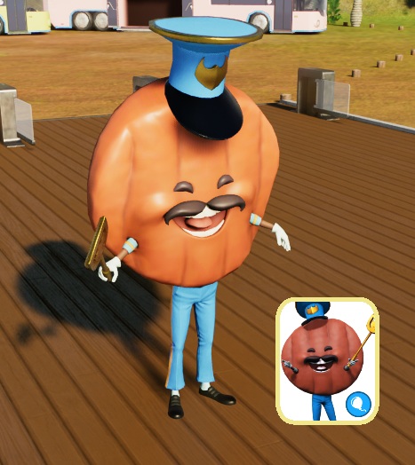 Chief Beef, een wandelende Hamburger, staat voor de Parkingang. Rechtsonderaan staat het portretje zoals het verschijnt in het spelmenu.