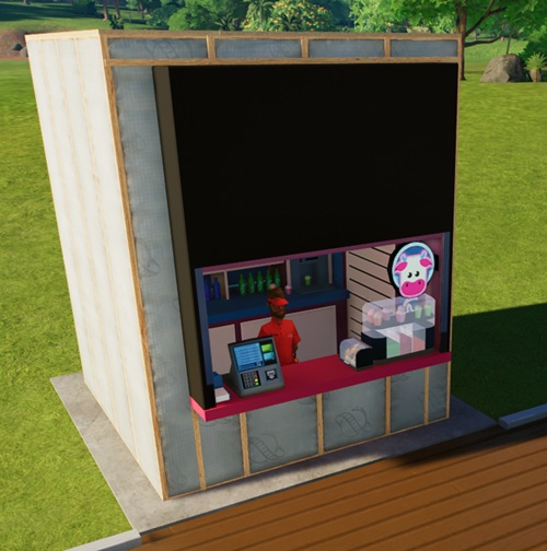 Een Cosmic Cow Milkshakes-stalletje met links een betaalterminal, en rechts de koeltoonbank, met drie verschillende milkshake-bereidingen in aparte houders; diverse gevulde Milkshake-bekers staan bovenop de koeltoonbank. Links naast de koeltoonbank staat een doosje met servetten. Boven de toonbank staat een afbeelding van de kop van de Cosmic Cow-mascotte. Middenin wacht de Verkoper op klanten.