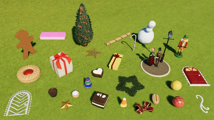 Allerlei Feest-Decoratie ligt op het grasveld: peperkoek in de vorm van een mannetje, divers snoepgoed, een kleine Kerstboom, cadeautjes, een rood-gele strik en zelfs een Kerstkrans-in-stervorm.