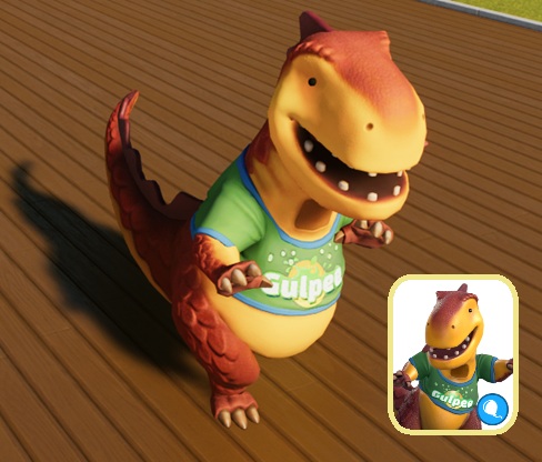 Gulpee Rex is een donkerrode Tyrannosaurus met oranjegele buik en voorkant. Hij/zij draagt een groen T-shirt met 'Gulpee' erop. Rechtsonderaan staat het portretje zoals het verschijnt in het spelmenu.