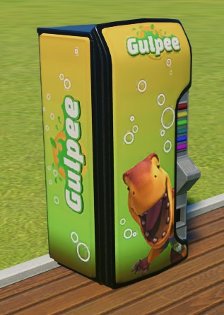 De Gulpee Soda-automaat is bovenaan lichtgeel en onderaan lichtgroen. Op de automaat staan ronde bubbels, en vooraan staat Gulpee Rex afgebeeld. De merknaam 'Gulpee' staat op de zijkant en de voorkant van de automaat. Aan de rechterkant staan de betaaleenheid en de keuzeknoppen.