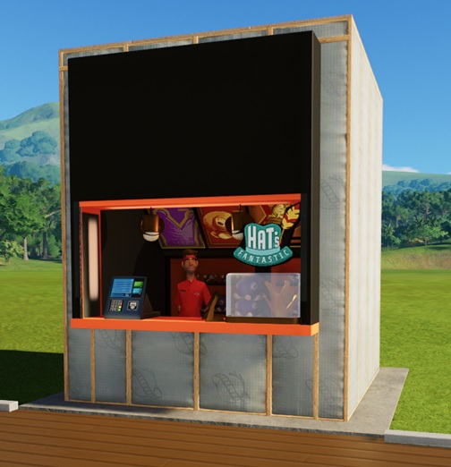 Een Winkeltje met links de betaalterminal en rechts een 'hoedjeshouder', gevuld met kroontjes (rechts) en baseballpetten (links). Bovenaan de toonbank hangt een afbeelding van een hoed met de tekst 'Hat's Fantastic' erop. Achteraan liggen nog méér hoedjes op rekken uitgestald. Midden vooraan wacht de Verkoper op klanten. Twee enorme, hangende spots verlichten alles.
