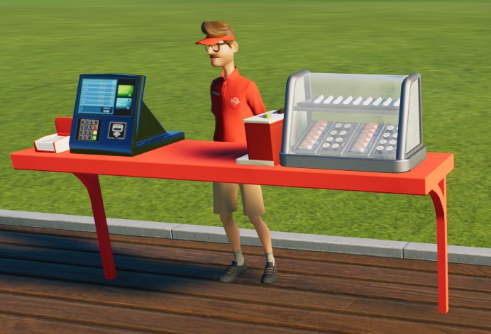 Een rode verkooptafel met links de betaalterminal en servetten, en rechts de koeltoonbank gevuld met sushi-hapjes. De Verkoper draagt een snor en een bril.