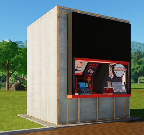 Een Winkel met links de betaalterminal en servetten, en rechts de koeltoonbank, gevuld met sushi-hapjes. Boven de koeltoonbank hangt een afbeelding van een rijstbal-met-lachend-gezichtje en een hoofdband. Midden vooraan wacht de Verkoper op klanten; achteraan hangen prijslijsten en reclameposters.