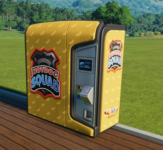 De Hotdog Squad-automaat is een gele machine, met een patroon van hotdog-worstjes. Vooraan links en op de zijkanten staat een afbeelding van een politiebadge met bovenaan in het klein 'Chief Beef' en onderaan in het groot 'Hotdog Squad'. Vooraan rechts zitten de betaalterminal en de keuzeknoppen. Onderaan op de zijkant staat een cartoon van een hotdog met een hondenneus.