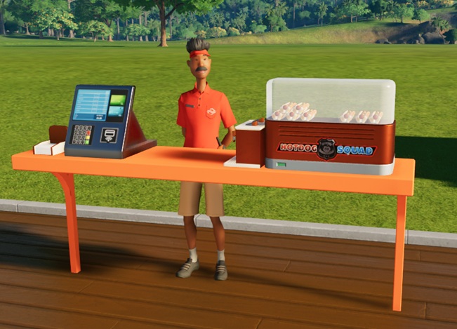 Een oranje verkooptafel met links de betaalterminal en een servettenhouder, en rechts een warmhoudbox met acht hotdogs erin. Middenin de box staat 'Hotdog Squad' met een afbeelding van een politiebadge tussen beide woorden. De Verkoper draagt een snor en zijn korte haren staan recht omhoog.