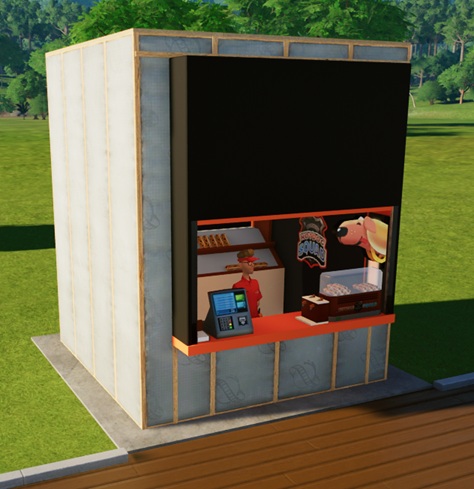 Een Winkel met links de betaalterminal en een servethouder, en rechts een warmhoudbox met hotdogs. Boven de box hangt een cartoon van een hotdog met hondengezicht. Achteraan staat een toonbank met nog meer Hotdogs. Midden vooraan wacht de Verkoper op klanten.