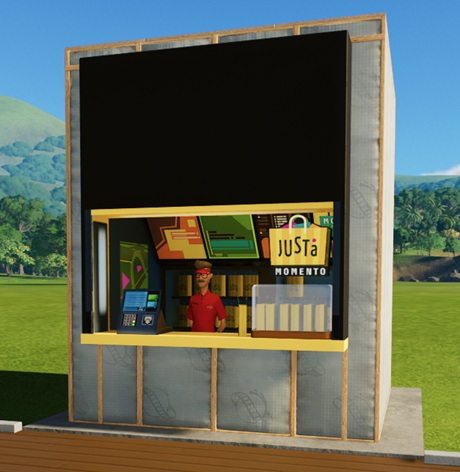 Een Just A Momento-Winkel met links vooraan de betaalterminal en rechts een doorzichtige toonbank met zes gele zakken erin. Boven de toonbank hangt een afbeelding van een gele winkelzak met 'Just A Momento' erop. Midden vooraan wacht de Verkoper, met snor en bril, op Klanten.