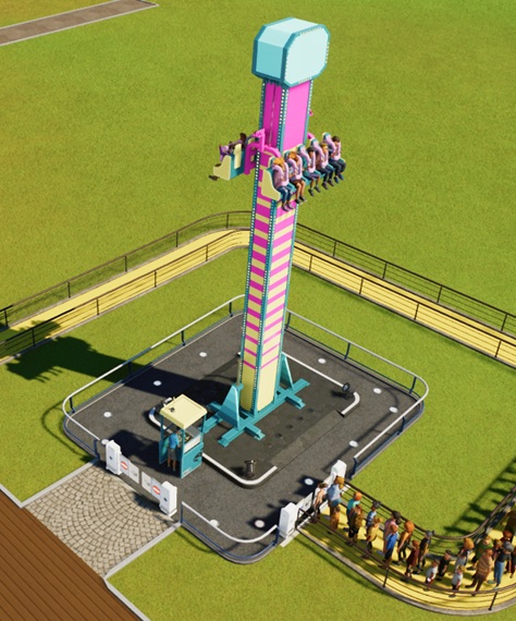 Little Dipper tijdens een rit. Het is een 'mini-valtoren' met een rechthoekige centrale schacht, waar vooraan en achteraan vijf zitplaatsen zitten. Tijdens de rit gaan de zitplaatsen gezamelijk op en neer. De wachtrij loopt rond de Attractie heen.