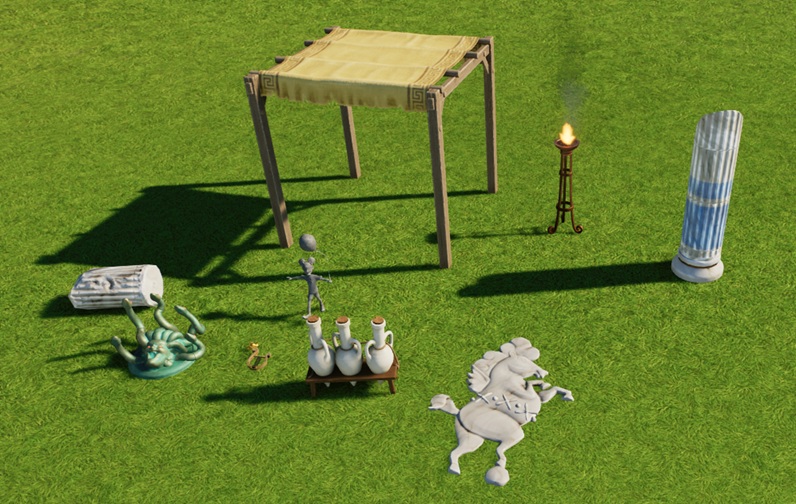 Verschillende Mythologie-decorstukken, van links naar rechts: een afgebroken stuk van een zuil, een schild met het hoofd van Medusa (met slangen als hoofdhaar), een lier, een overkapping-met-tentdoek, een standbeeld van een Kind met een ballon, een houten rek met drie Griekse kruiken erin, een bas-reliëf van een rechtopstaand gevleugeld paard, een straatlamp in de vorm van een ijzeren toorts en een rechtopstaande afgebroken zuil.