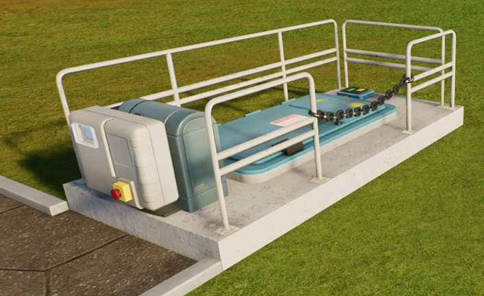 Een Ondergrondse Watertank bestaat uit een horizontale blauwe afsluitdeur, omringd door leuningen en een mechanisme met een rode knop erop. Tussen twee leuning-onderdelen is er een toegangsruimte, afgesloten met een zware ketting.