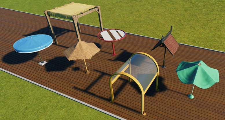 Bovenaanzicht van een collectie Picknickoverkappingen, in diverse Decorstijlen, op een houten Wandelpad.