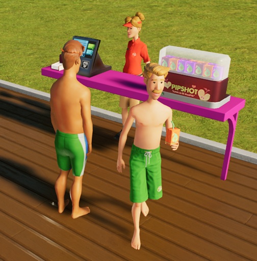 Een fuchsia toonbank met links de betaalterminal en servetten, en rechts de saphouder, gevuld met verschillende kartons met sap. Een Bezoeker in groene bermuda shorts loopt net van de kassa weg (hij heeft een pas gekocht drinkkartonnetje in de hand). Een andere Bezoeker, al even schaars gekleed, staat op het punt bediend te worden door de Verkoopster.