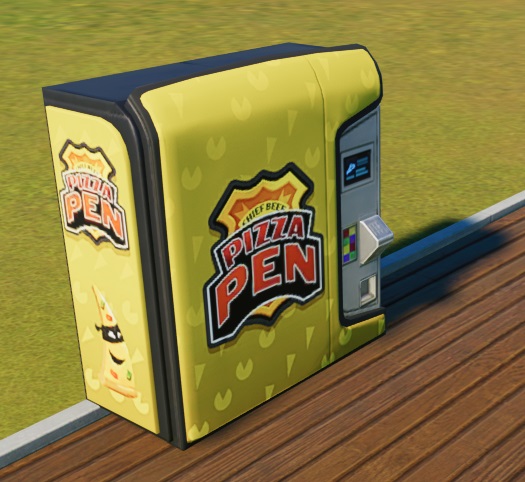 De Pizza Pen-Automaat is geel gekleurd, met een patroon van pictogrammen van stukken Pizza erop. Vooraan staat het Pizza Pen-logo (een gele 'politiebadge' met 'Chief Beef' in klein schrift erop; in grotere letters staat 'Pizza Pen' bovenop de badge). Op de zijkanten komt dit logo verkleind terug. Onderaan de zijkanten staat een stuk Pizza met zwart oogmasker en een lachmondje. Aan de voorkant bevinden zich de betaalterminal en de keuzeknoppen.