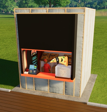 Een Winkeltje met links de betaalterminal en servetten, en rechts een warmhoudrek met vijf pizza's erop. Boven het rek hangt een afbeelding van een stuk pizza, met twee gemaskerde ogen en een glimlach. Achteraan de winkel staan pizzadozen met dezelfde afbeelding erop. Middenin wacht de Verkoper op klanten.