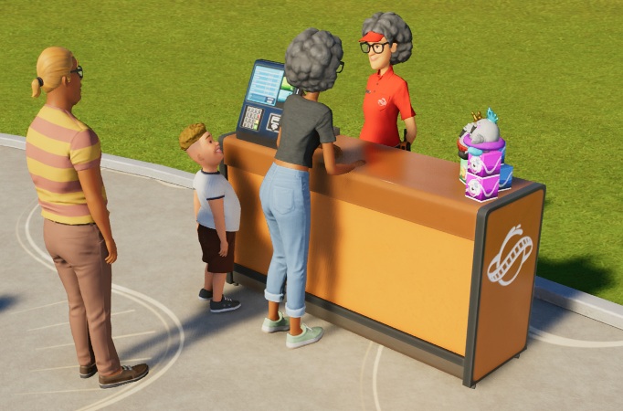 Een Prijzenbalie is een oranjebruine 'naakte' toonbank, met links een kassa (waarom?) en rechts enkele uitgestalde Prijzen. Een Verkoopster bedient een Dame die samen met haar kind aan de Toonbank staat; achteraan wacht een andere Dame haar beurt af. De Verkoopster en haar volwassen klant hebben identiek dezelfde haarkleur, kapsel en bril...