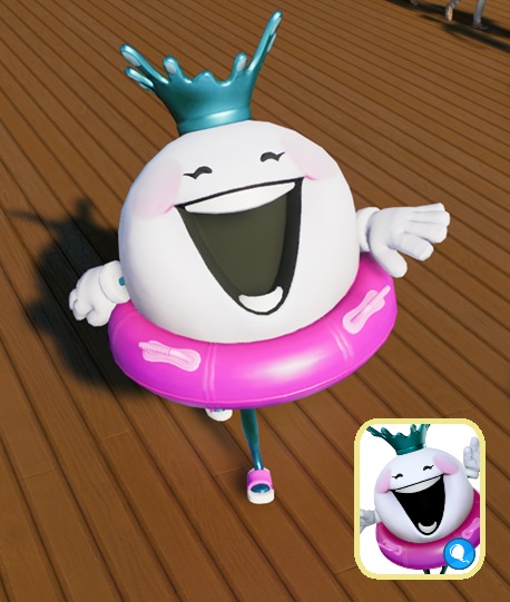 Queen Splash wandelt op een houten pad. Ze is een vrouwelijke versie van King Coaster en lijkt er dan ook sterk op: ze is een enorme witte bol met lachend gezicht en roze wangen. Ze draagt een blauwe kroon met opspattende waterdruppels als punten. Rond haar middel draagt zit een felroze zwemband. Ze draagt blauwe leggings en roze/witte slippers. Rechtsonder staat het miniportret zoals dat verschijnt in het spelmenu.