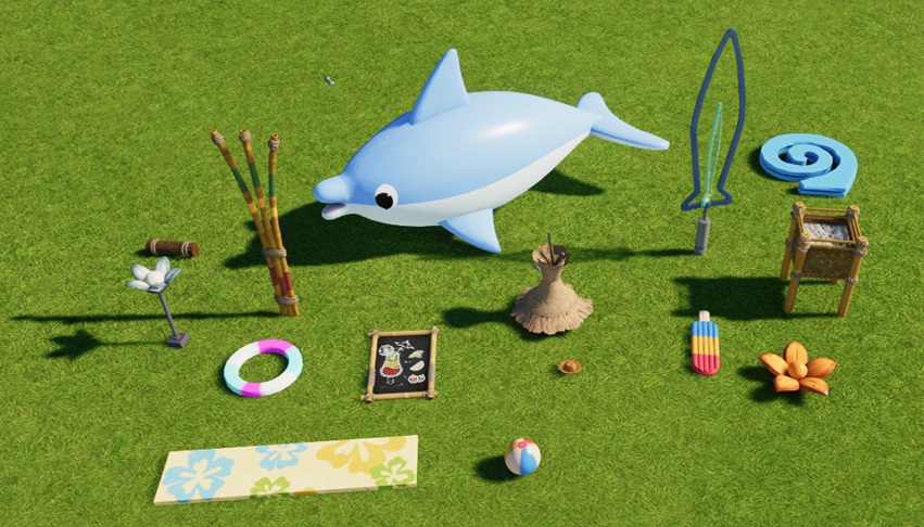 Diverse decorobjecten in Resort-stijl, met onder andere twee lantaarnpalen, een enorme opgeblazen haaiballon (of is het een dolfijn?), een plastic bloem, een draaiend bord in de vorm van een vis en een surfplank in de vorm van een waterijslolly.