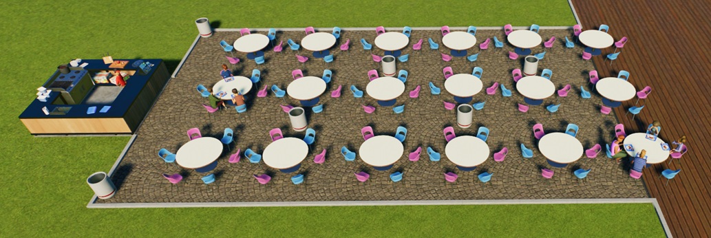 Vogelperspectief van een Restaurant-zonder-Decoratie. Links staat de keuken, met een Verkoper erin; rechts staan achttien tafels in Planet Coaster-stijl. Aan twee tafels zitten enkele Parkgasten te eten. Tussen de tafels staan Vuilnisbakken.