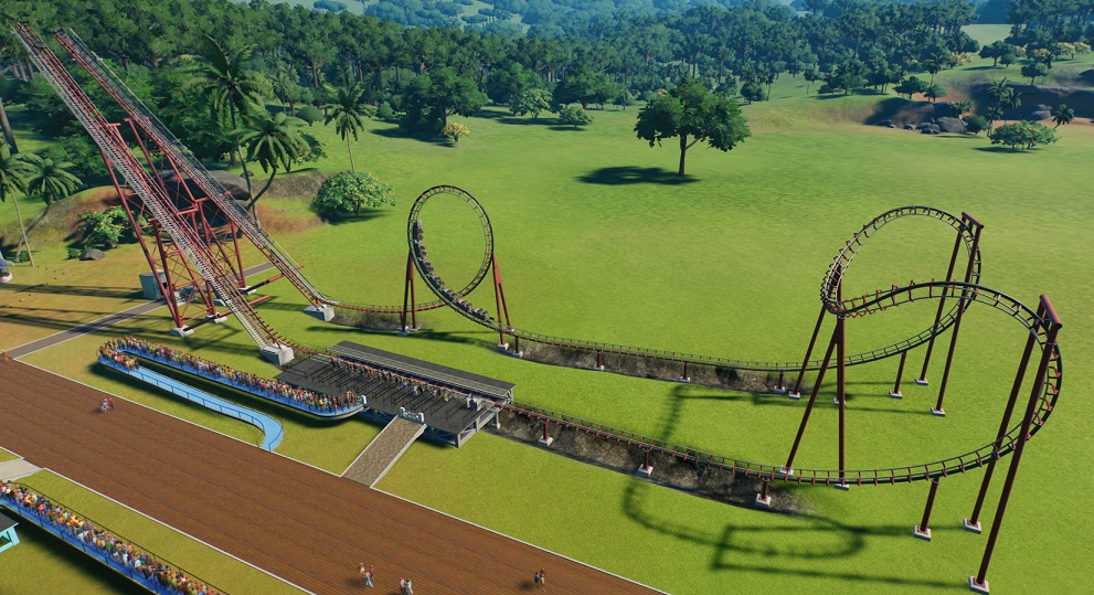 Een klassieke 'Boomerang'-Achtbaan: links de eerste schuine toren, station, 'Cobra Roll' (twee verbonden inversies die de rijrichting honderd tachtig graden omkeren), Verticale Looping, tweede schuine toren. Ik heb extra vlakke Baandelen toegevoegd tussen station en 'Cobra Roll' om Angst en Misselijkheid binnen de perken te houden. In de Wachtrij wachten Bezoekers op hun rit. De Trein gaat net door de looping.