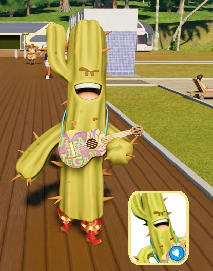 Saguaro Guitaro, een levende Cactus-met-gezichtje, wandelt langs een zwembad naar ons toe. Onder het cactuskostuum draagt hij een rood-gele Mexicaanse broek en rode cowboylaarzen. Op zijn paarse gitaar staat in groene letters 'Viva La Vegan' geschreven. Rechtsonder staat het miniportret zoals dat verschijnt in het spelmenu.