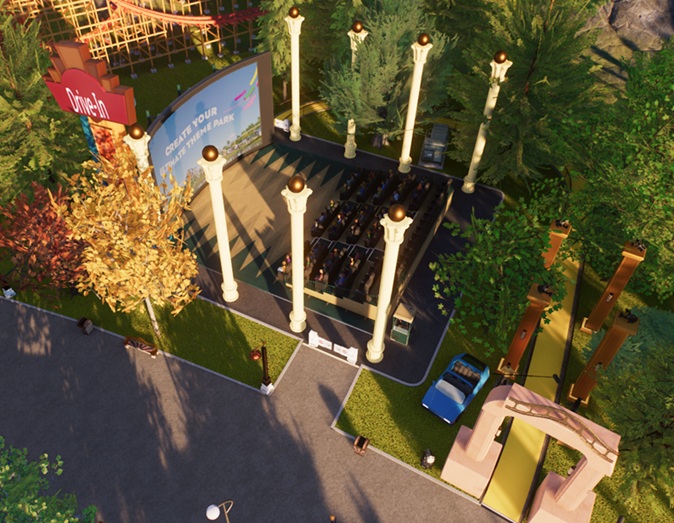 Vogelperspectief van een versierde Bioscoop in een Taiga-omgeving. Zittende Bezoekers bekijken het filmscherm, waarop een promotiefilmpje voor Planet Coaster 2 geprojecteerd wordt.