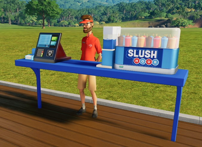 Een donkerblauwe toonbank met links de betaalterminal en servetten, en rechts een bewaarbox met 'Slush Hour' erop. Bovenop de box staan diverse gevulde Slush-bekers in oranje, bruine, lichtblauwe en fuchsia kleuren. Middenin wacht de Verkoper, met bruine baard en snor en grote bril, op Klanten.