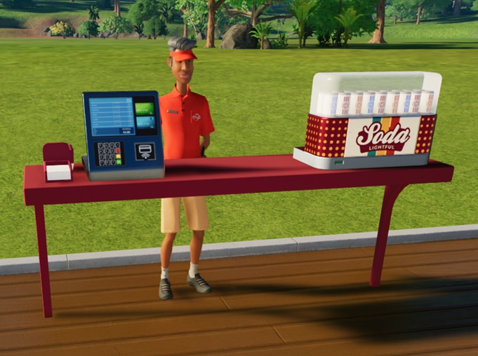 Een fuchsia toonbank met links de betaalterminal en servetten, en rechts de bewaardoos met 'Soda Lightful' erop, en daarbovenop veel blikjes frisdrank met verschillende smaak (ze hebben immers verschillende kleuren). Middenin wacht de Verkoper op Klanten.