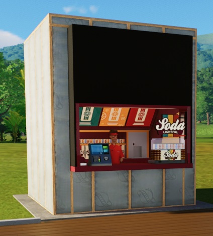 Een Winkeltje met links de betaalterminal en servetten, en rechts de bewaardoos met 'Soda Lightful' erop, en daarbovenop veel blikjes frisdrank met verschillende smaak (ze hebben immers verschillende kleuren). Boven de bewaarbox hangt het Soda Lightful-logo (de tekst, op een achtergrond die uit een groene, oranje en rode verticale streep bestaat). Middenin wacht de Verkoper op Klanten.