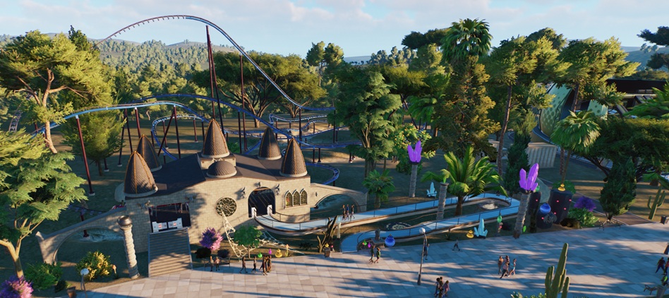 De ingang van een Child Coaster, gethematiseerd volgens het Tovenarij-thema. Rechts is een deel van het scherm van een Flying Theatre te zien.