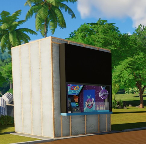 Een Winkeltje met links de betaalterminal en rechts een toonbank, gevuld met, vreemd genoeg, flacons. Boven de toonbank hangt het Splash Emporium-logo (een paarse ovaal met de merknaam erop). Middenin wacht een Verkoopster op Klanten. De Winkel ligt in een tropische omgeving, met bomen in de achtergrond.