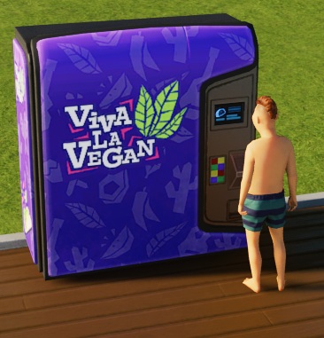 De Viva La Vegan-Automaat is een paarsgekleurde Automaat, met lichtpaarse afbeeldingen van plantendelen en bladeren erop. Op de voorkant staat het Viva La Vegan-logo: witte tekst, met drie langwerpige, groene boombladeren ernaast. Een Bezoeker, gekleed in zwembroek, staat rechts voor de Automaat.
