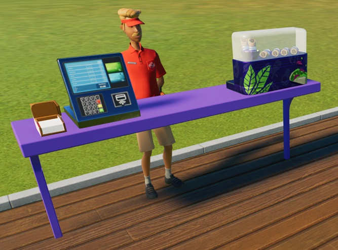 Een paarse toonbank, met links de betaalterminal en servetten, en rechts de Bewaardoos-met-Burrito's (twee staande en vier liggende Burrito's). De Bewaardoos is paars, met links drie langwerpige boombladeren en rechts een pictogram van een Burrito. Middenin wacht de Verkoper op Klanten.