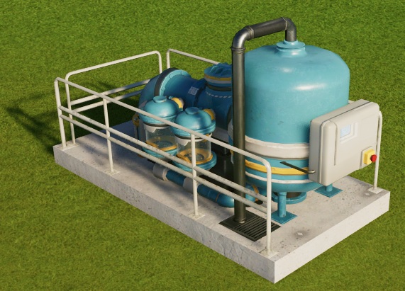 De Waterfilter omvat een verticale cilinder aan de voorkant, met een lange, donkere buis die vanaf de grond naar de bovenkant loopt, en een rode knop op de cilinder. Achteraan bevindt zich een apparaat met aan iedere kant twee doorzichtige 'filter-cilinders'. Afsluitleuningen omgeven de Waterfilter. Het Apparaat is lichtblauw geschilderd.