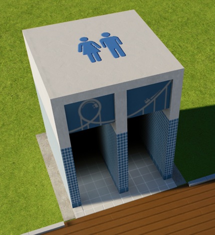 Bovenaanzicht van de WC-hokken. Ze zijn blauw betegeld tot op hoofdhoogte en bevatten twee ingangen. Boven de linkse ingang staat een pictogram van een achtbaankarretje dat door een looping gaat. Boven de rechtse ingang staat een pictogram van een achtbaankarretje dat een helling afrijdt. Op het dak staan twee pictogrammen van een man en een vrouw, zoals die doorgaans bij toiletten verschijnen.