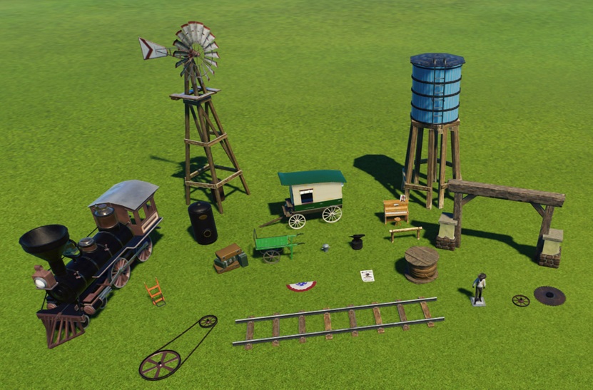 Diverse Western-Decorstukken: een locomotief, windtoren, ranch-ingang, watertoren, een recht stuk spoorweg, een cowboy-animatronic, ...