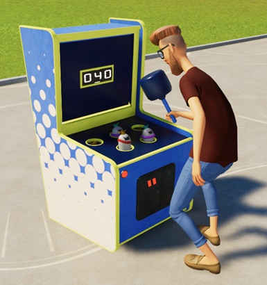 Een man bespeelt een wit/blauwe Whac-A-Mole-kast. De doelwitten zijn geen mollen, maar poppetjes van King Coaster en Queen Splash. Bovenaan staat de scoreteller op veertig punten.
