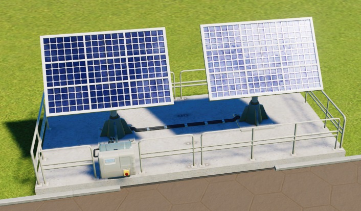 Het Grote Zonnepaneel bestaat uit twee zonnepanelen naast elkaar, aan de voorkant voorzien van een bedieningskastje met een rode knop erop. Leuningen omgeven de zonnepanelen.