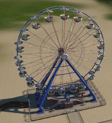 Het Reuzenrad is een klassieke attractie, die in Planet Coaster helaas maar weinig Geld opbrengt.